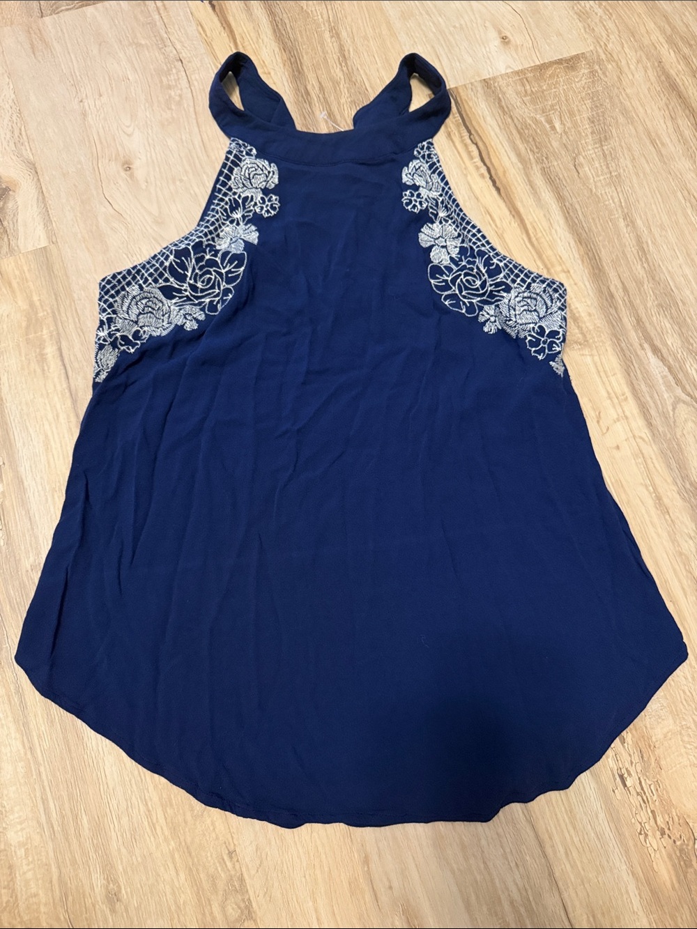 LUQ Navy Blue Embroidered Lace Boho Halter Neck Tank Top, Size S
